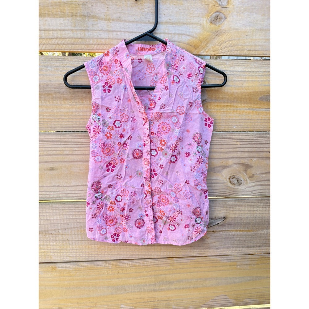 Limited Too Girls Pink Floral Sequin Sleeveless Button Down Shirt Size 10 Y2K